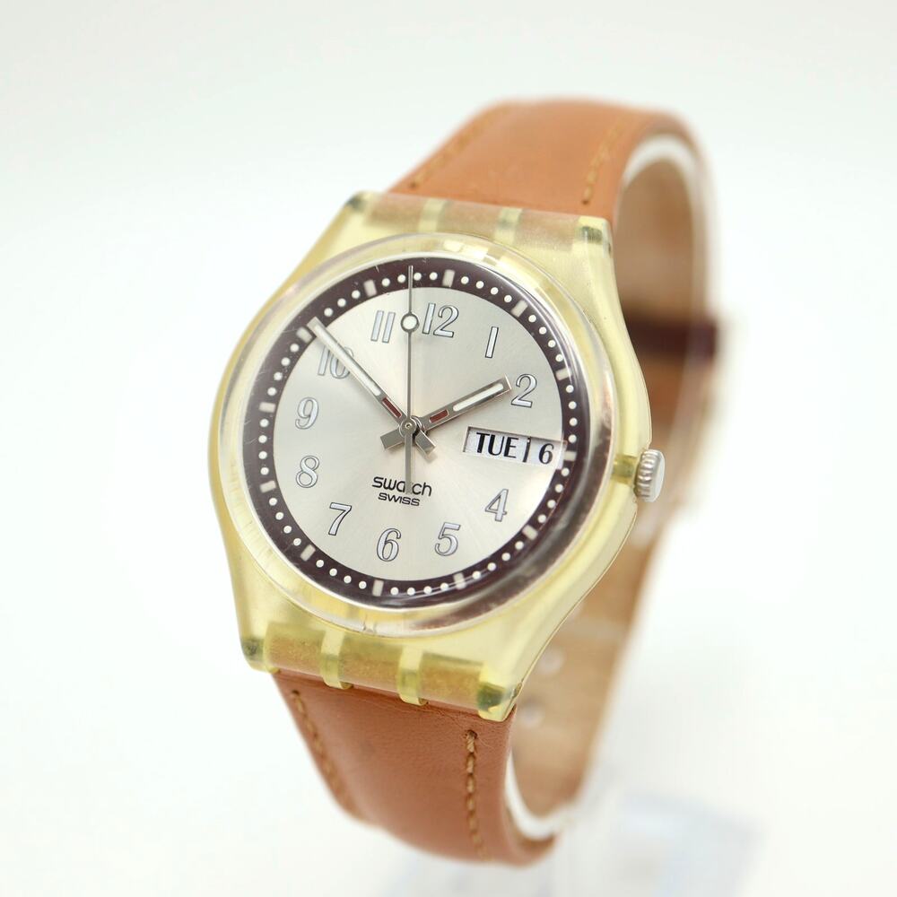 Vintage Swatch Croissant Chaud 2002 Swiss Watch 34mm Day Date Brown Leather